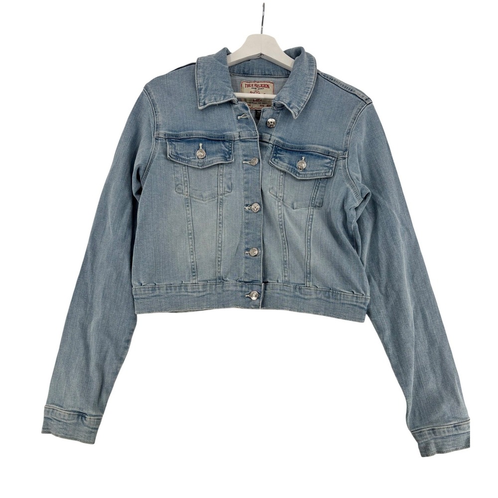 True Religion Cropped Denim Trucker Jacket Womens Medium Light Blue 205482